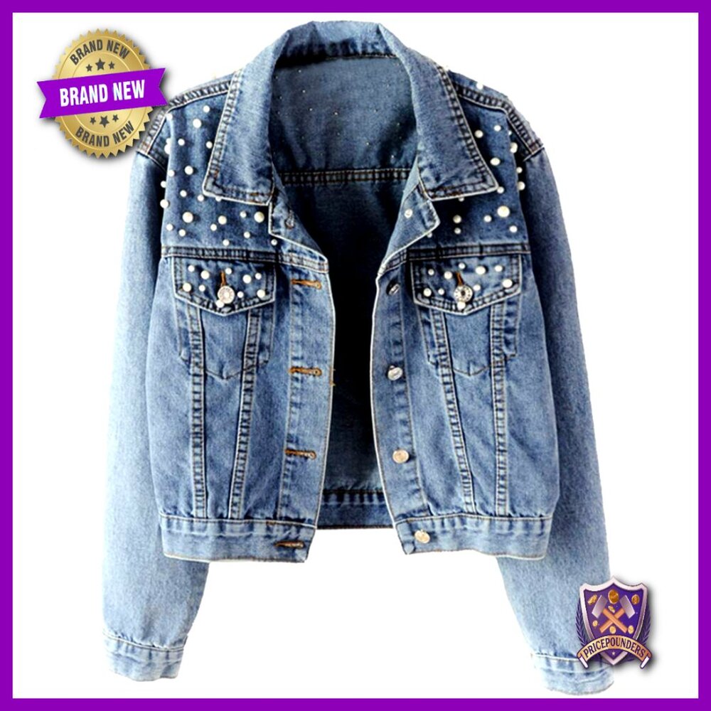 Oversized Denim Jacket Embroidered Pearl Beading Distressed Boyfriend Fit - Picture 1 of 7